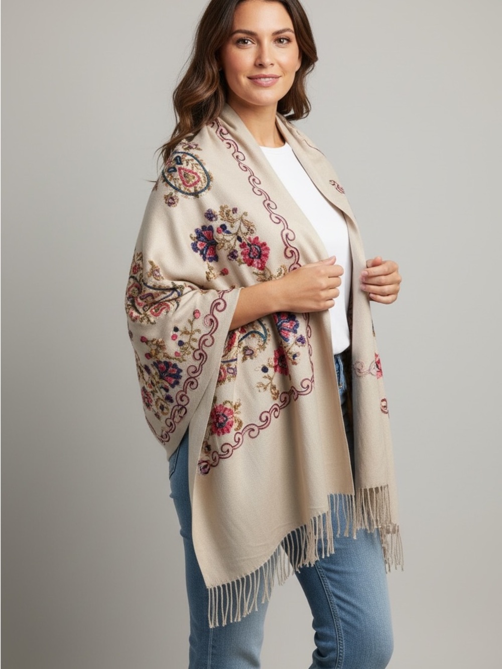 Beige Floral Embroidered Shawl Wrap Cashmere/Cotton
